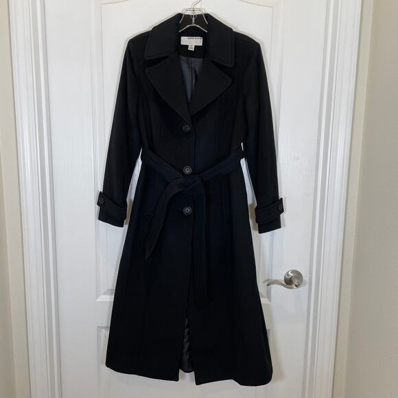 Anne Klein Long Overcoat Black Wool Cashmere Belted Classic Wardrobe Staple 8P - Picture 1 of 6